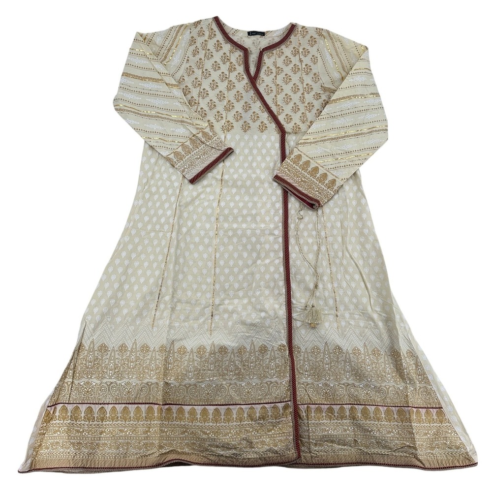 J Pret Traditional Pakistani Wear Beige Embellished Wrap Kurta Tunic Top XL Chic